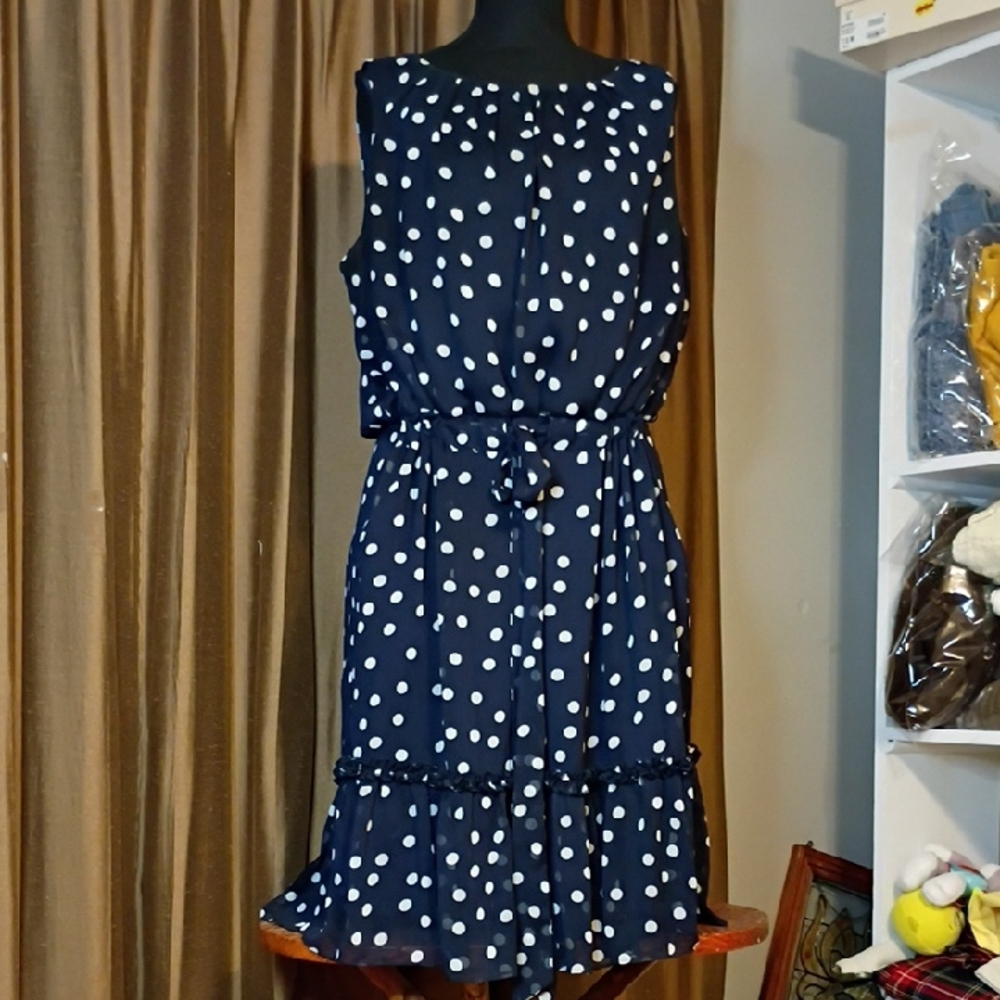 dressbarn Flapper Style Waist Navy Polka Dot Midi Dress